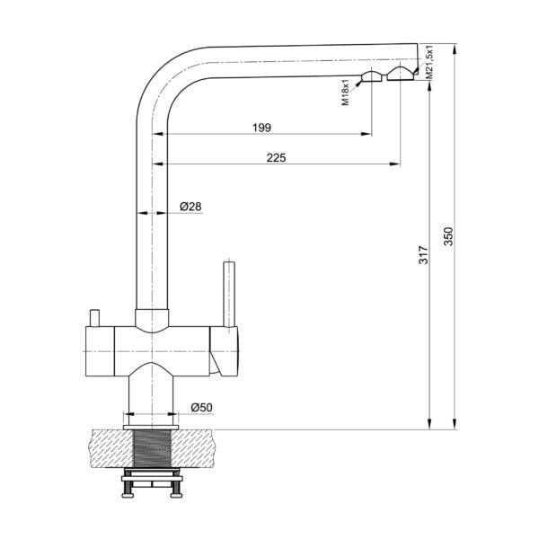 Edelstahl 3 Wege Wasserhahn Alvito Atessa hoch Schema mit Maßen