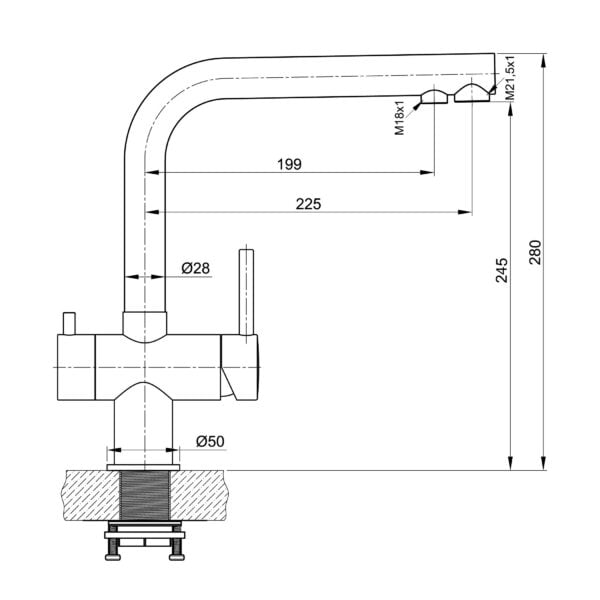 Edelstahl 3 Wege Wasserhahn Alvito Atessa niedrig Schema mit Maßen