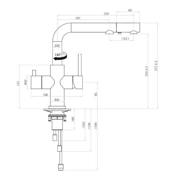 Edelstahl 3 Wege Wasserhahn Alvito Calabro Schema mit Maßen