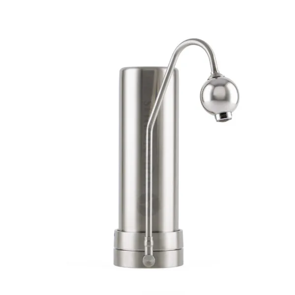 AquaAvanti Mercuro von Prime Inventions, Edelstahl Auftischwasserfilter mit UMH Live Rhodium Wasservitalisierung am Auslauf Seitenansicht