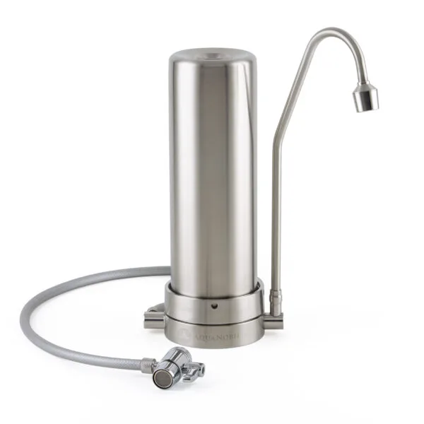 Prime Inventions AquaAvanti Mercuro Basic Edelstahl Auftischwasserfilter mit Perlator am Auslauf, ohne Filterkartusche, Frontansicht